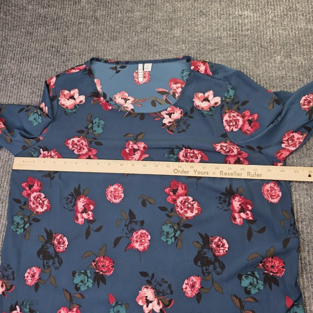 Elle Blouse Womens XL Blue Floral Bell Sleeve Pullover Top Pink Teal Rose Print - Picture 7 of 12